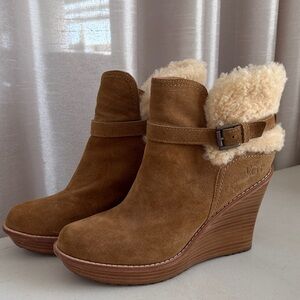 UGG Chestnut Suede Wedge Booties with Shearling Trim